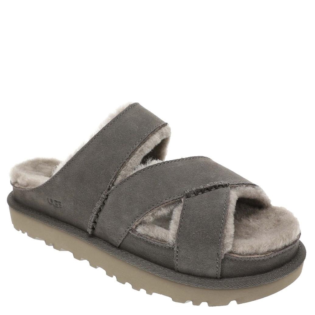 Ugg Fuzz Greenport Cross Slide Charcoal Grey Platform Sandals 1178470 Women's 6